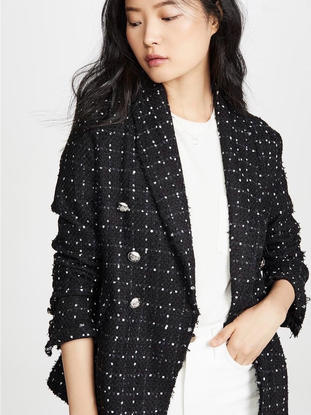 Lioness Black Tweed Double-Breasted Blazer with White Speckle